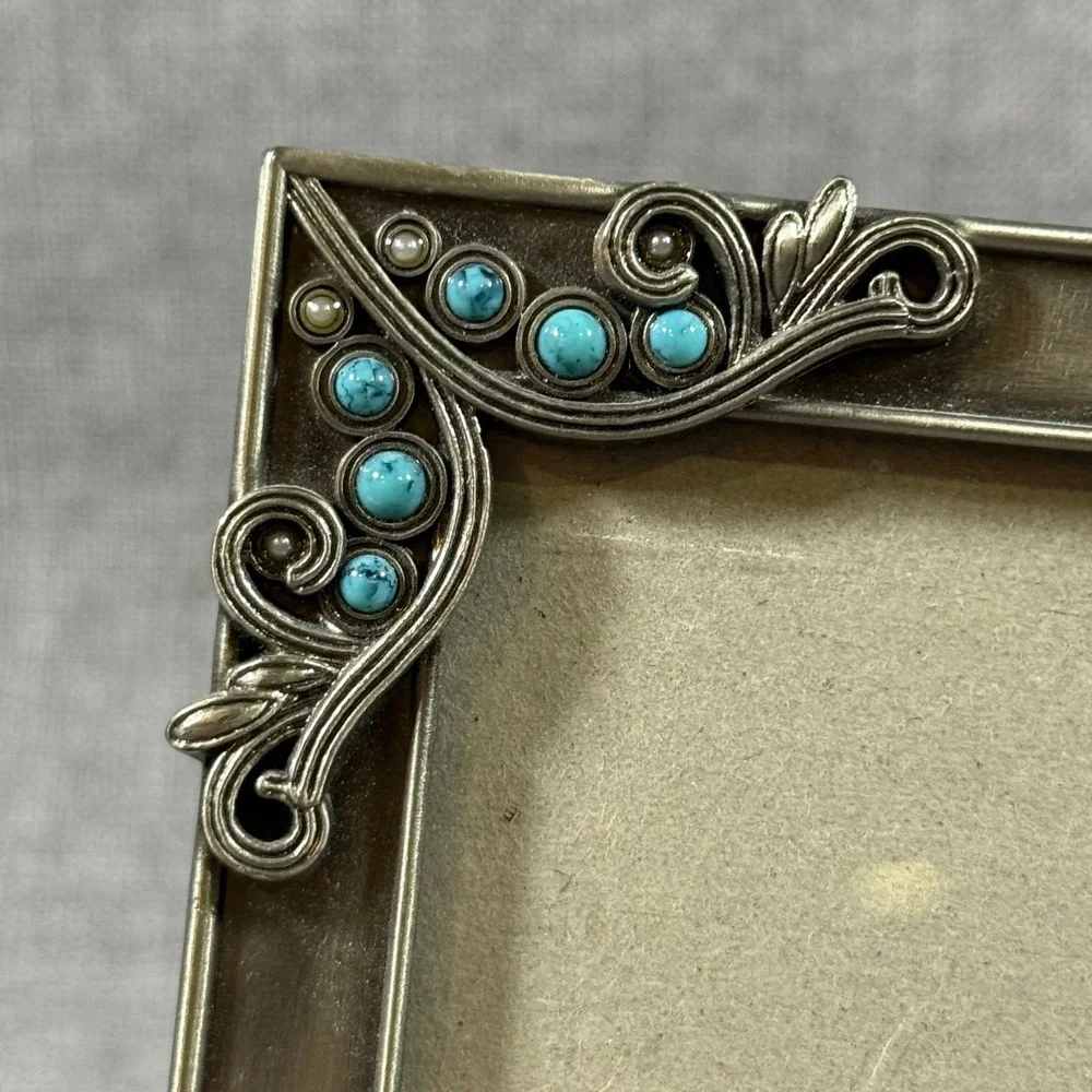Decorel Picture Frame 5.5x7.5 Antique Silver Turquoise Beads Ornate Filigree